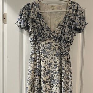 Max Studio Cream Midi Dress with Blue Floral Print